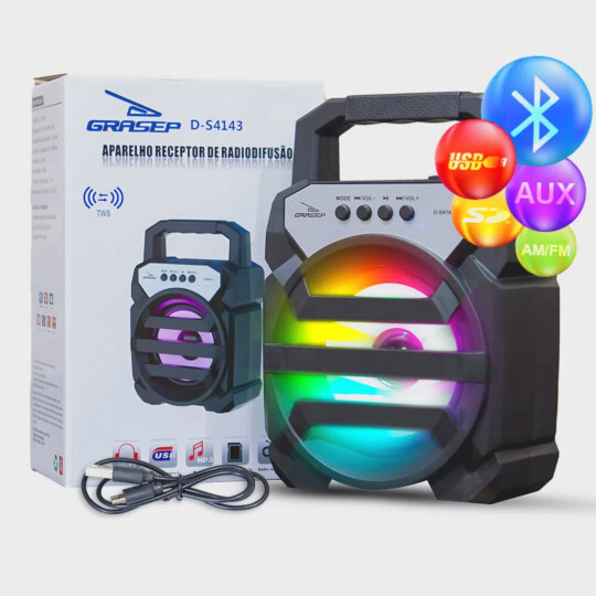 Caixa Som Bluetooth Portátil 12W Rádio Usb com Led GRASEP - D-S4143
