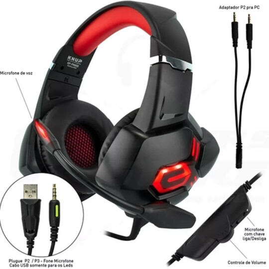 Headset Gamer com Fio para PC PS4 X-One com Microfone e Led KNUP - KP-FN600
