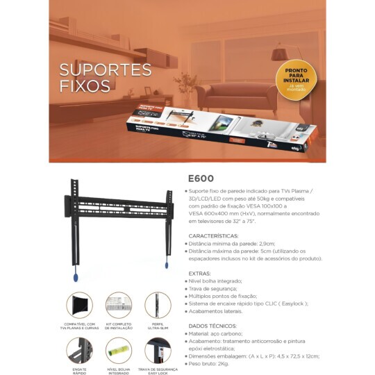 Suporte Para Tv Led Lcd 32'' a 75'' Padrão Vesa Cor Preto