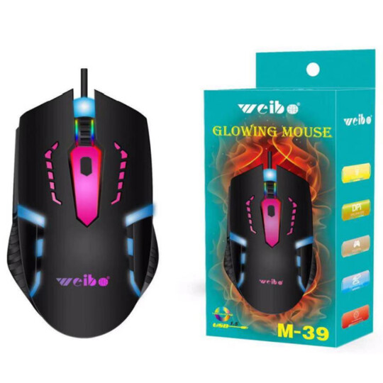 Mouse Óptico USB RGB 3200dpi 4 Botões Preto Weibo - M39