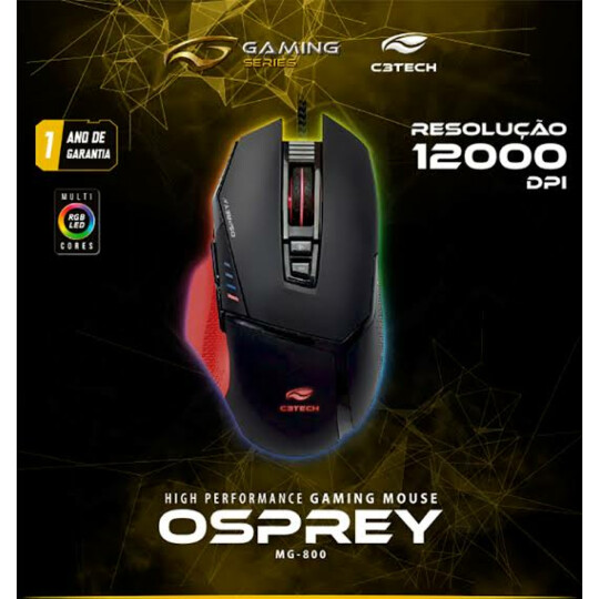 Mouse Gamer C3Tech Usb Led RGB Metal 12.000 dpi Osprey - MG-800BK