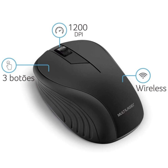 Mouse sem Fio Multilaser 2.4ghz Usb 1200 dpi Preto - MO212