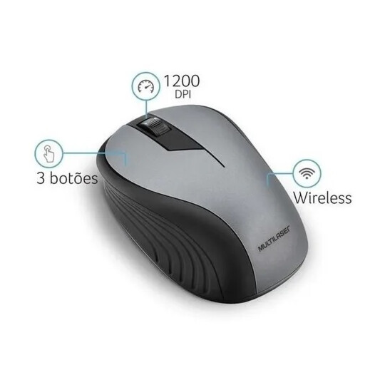 Mouse Sem Fio Multilaser 2.4ghz 1200 dpi Usb Preto/Grafite - MO213
