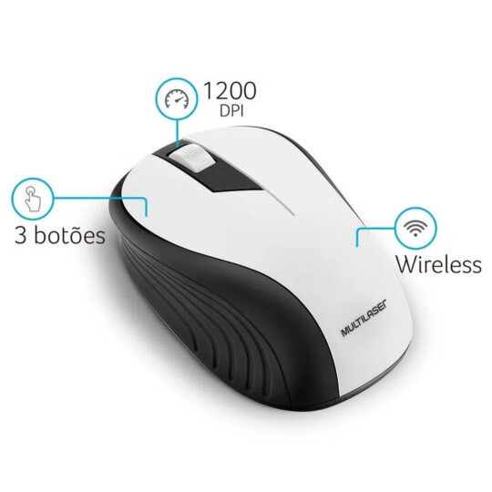 Mouse Sem Fio Multilaser 2.4ghz 1200 dpi Usb Preto/Branco - MO216
