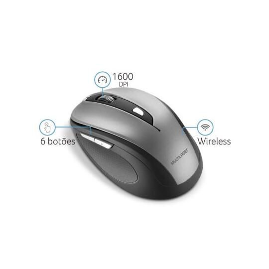 Mouse Sem Fio Multilaser Comfort 2.4ghz Usb 6 Botões Cinza/Preto - MO238