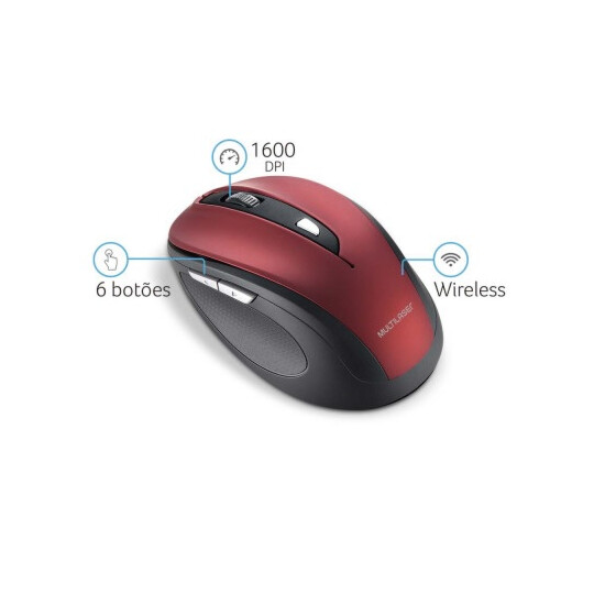Mouse Sem Fio Multilaser Comfort 2.4ghz Usb 6 Botões Vermelho/Preto - MO239