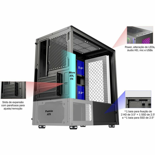 Gabinete Gamer K-Mex Bifrost III Led RGB Mid Tower - CG-01RU