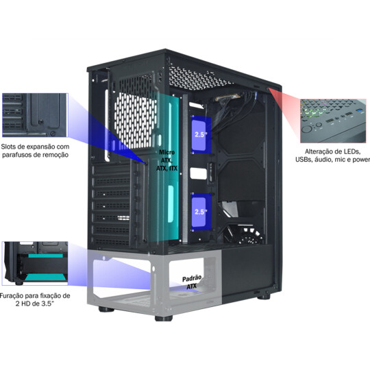 Gabinete Gamer K-MEX Jaeger I LED RGB Lateral em Vidro Temperado Preto - CG-01TJ
