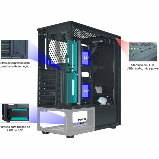 Gabinete Gamer K-Mex Jaeger II Led RGB Vidro Temperado - CG-02TJ