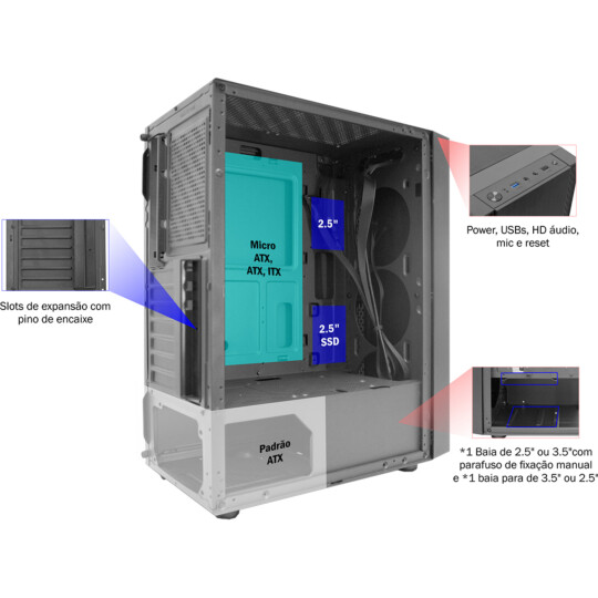 Gabinete Gamer K-Mex Pantera III Lateral Transparente Psu cover - CG-B1Z5