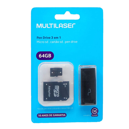 Kit 3 Em 1 Multilaser Pendrive + Adaptador SD + Cartão de Memória Classe 10 64gb Preto - MC115