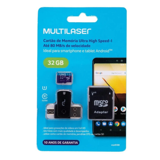 Kit Multilaser 4 em 1: Cartão De Memória + Adaptador USB Dual Drive + Adaptador SD 32GB até 80 Mb/S - MC151