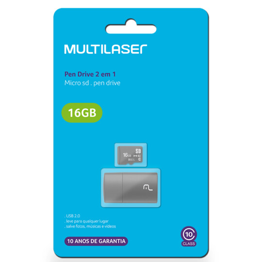 Kit 2 em 1 Multilaser Leitor USB + Cartão De Memória Micro SD Classe 10 16GB Preto - MC162