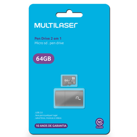 Kit 2 em 1 Multilaser Leitor USB + Cartão De Memória Micro SD Classe 10 64GB Preto - MC164