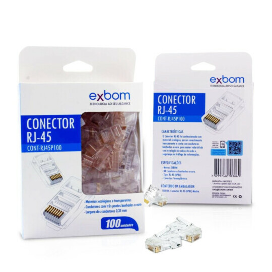 CAIXA FECHADA 100 Unidades Conector RJ45 cat5E Pacote com 100 EXBOM - CONT-RJ45P100