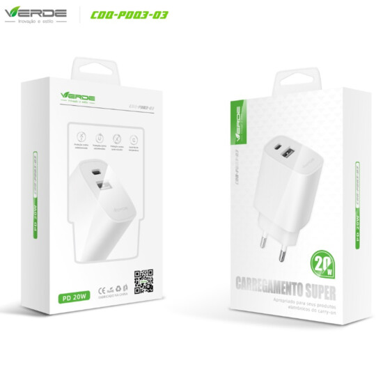 Carregador PD Turbo 1 Saída USB + 1 Saída USB Type-C 20W Verde - CDQ-PD-Q3-03