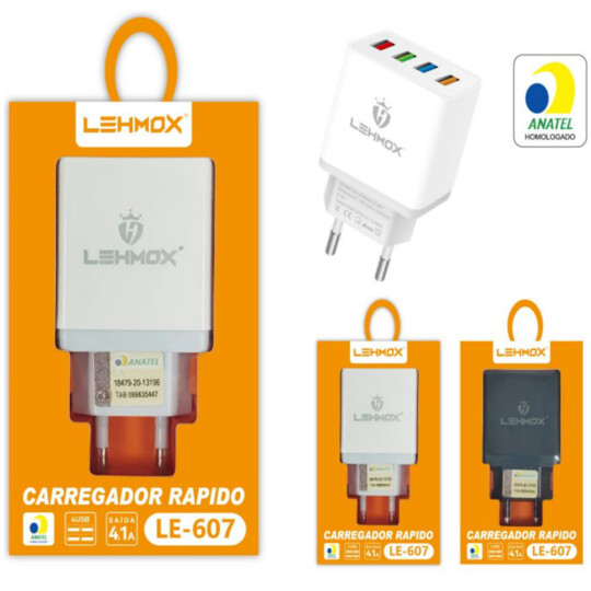 Carregador de Tomada com 4 portas Usb 4.1A C/ Anatel Lehmox - LE-607