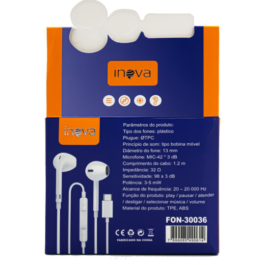 Fone De Ouvido com Microfone Conexão Type-C INOVA - FON-30036 10 Unidades