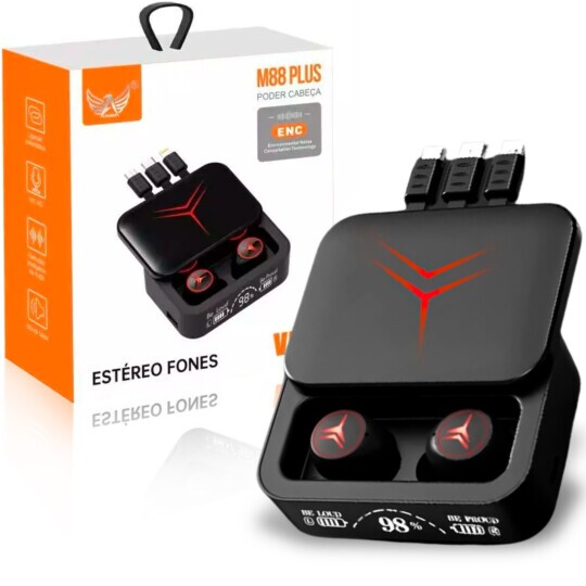 Fone de Ouvido Bluetooth Gamer com Carregador Portátil 3 em 1 V8, USB-C, Lightning - M88 PLUS