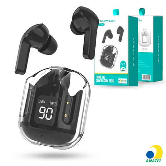 Fone de Ouvido Bluetooth 5.3 sem Fio Transparente com Display - ST159