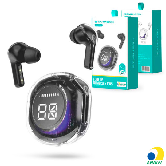 Fone de Ouvido Bluetooth 5.3 Intra Aurricular Transparente com Display - ST-159A