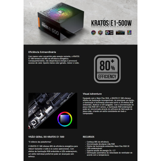 Fonte ATX Gamdias Kratos E1 500W 80 Plus Led RGB - GD-Z500ZZZ