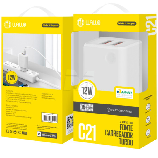 Carregador de Celular 12W 2.4A com 2 Portas Usb WALLO - C21