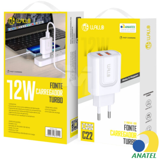 Carregador de Celular 12W 2.4A com 2 Portas Usb WALLO - C22