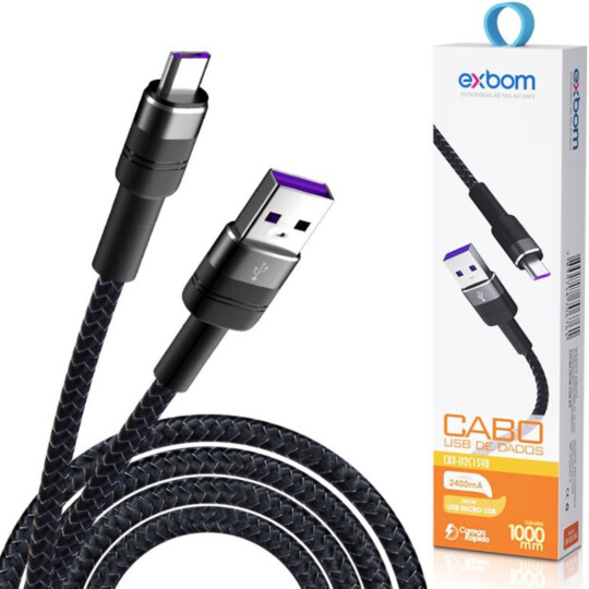 Cabo V8 Micro Usb 2.4A Turbo 1 Metro Alumínio Dados e Carregamento Exbom - CBX-U2C15V8