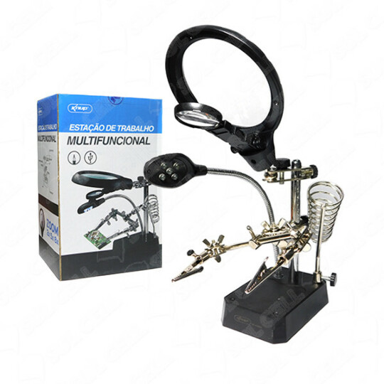 Estação de Solda com Lupa de Bancada Suporte e Iluminaçao Aumento 2x 5x 8x Knup - KP-AA004