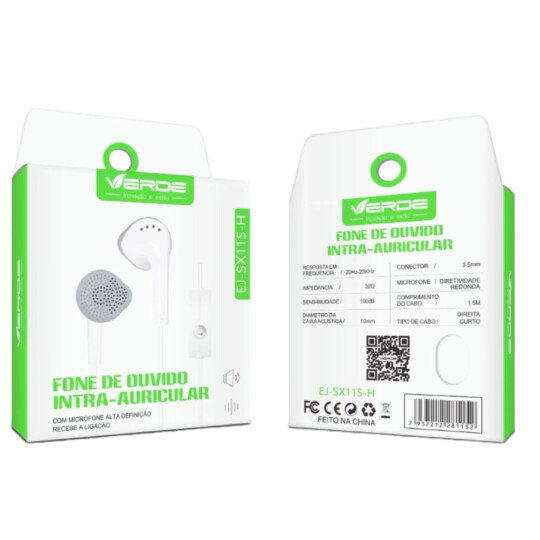 Fone de Ouvido Com Fio Plug 3,5mm P2 Intra Auricular Verde - EJ-SX-115-H