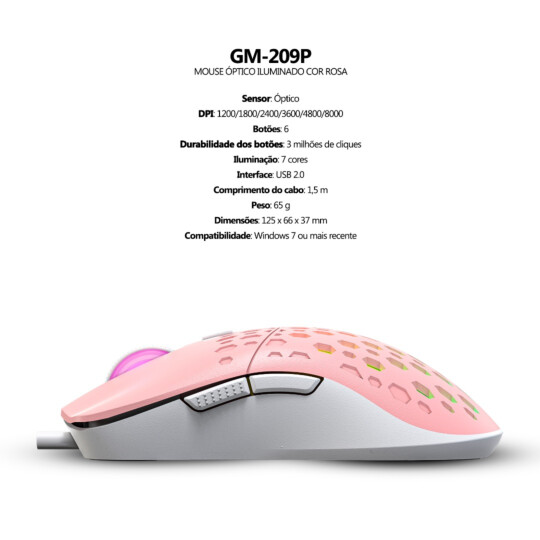 Mouse Gamer Rosa c/ Fio USB RGB 8000dpi Xtrike-ME GM-209P 