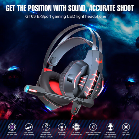 Headset Gamer P3 C/ Microfone LED Vermelho OVLENG - GT-63