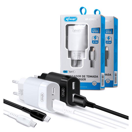 Carregador de Celular 5.1A com Selo Anatel 2 Portas Usb e Cabo Type-C KNUP - KP-IC022/C