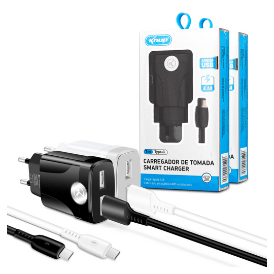 Carregador de Celular 3.1A com Selo Anatel 2 Portas Usb e Cabo Type-C KNUP - KP-IC020/C