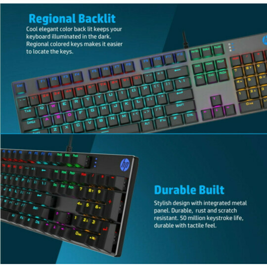 Teclado Gamer Mecânico HP Usb Com Iluminação Led - GK400F Preto