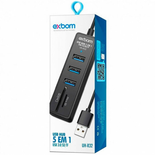 Hub Usb 3.0 5 em 1 com 3 portas Usb e 2 portas com Leitor para Sd Exbom - UH-R32