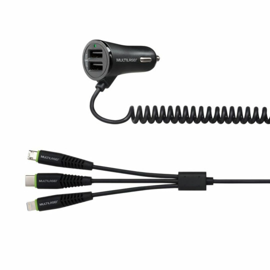 Carregador Veicular 3 Em 1 Type C + IOS + V8 Micro Usb com 2 Portas Usb 3.4A Preto Multilaser - CB140