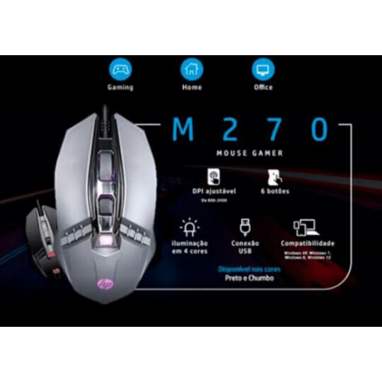 Mouse Gamer Usb com Iluminação Led 2400dpi - HP M270 Chumbo