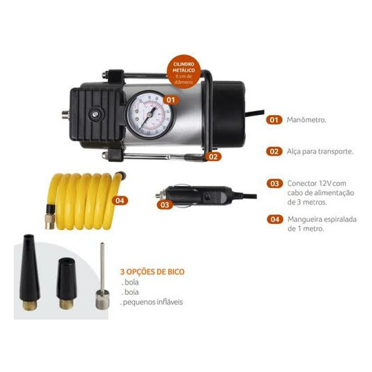 Compressor de Ar Automotivo 12v Cilindro Metálico 25 L/min 150 Psi com Bicos e Lanterna Integrada Multilaser - AU616