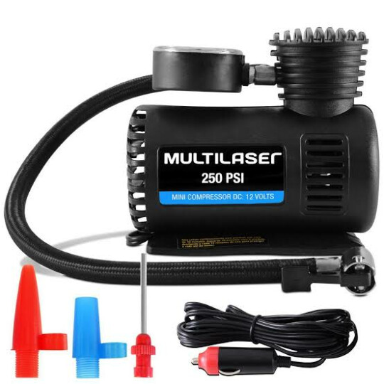 Mini Compressor de Ar 12V Vazão 15 L/min 250psi 3 Bicos Adaptadores Multilaser - AU601