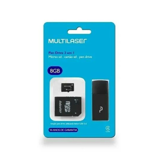 Kit 3 Em 1 Pendrive + Adapt Sd + Cartão de Memória Classe 4 Com Trava de Segurança 8gb Preto Multilaser - MC058