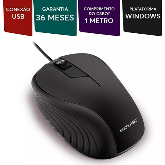 Mouse Óptico Emborrachado Preto com Fio Usb 1200dpi Multilaser - MO222