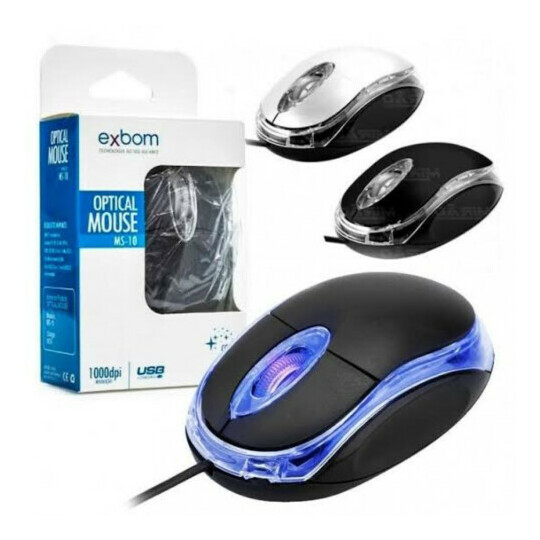 CAIXA FECHADA 200 Unidades Mouse Óptico Usb 1000DPI LED Azul EXBOM - MS-10