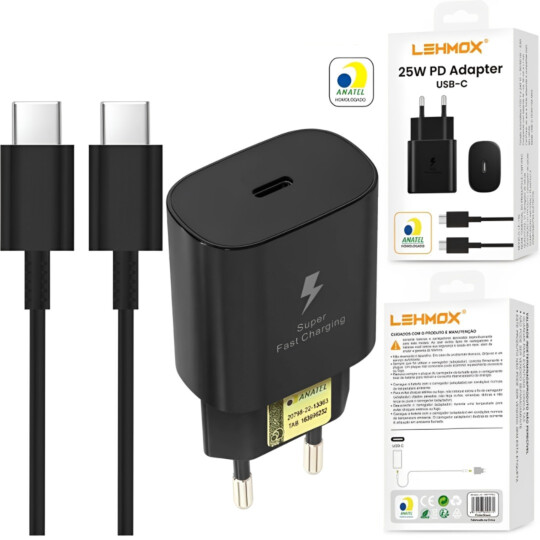 Carregador de Celular PD + Cabo Type C para Type C 25W com selo Anatel Lehmox - LE-139 C/C