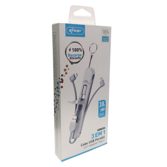 Cabo USB Portátil 3 em 1 V8 Type-C Lightning Knup - KP-CO401