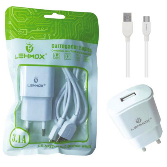 Carregador de Celular + Cabo Type C Usb 3.1A Com Anatel - LE-522 TYPE-C