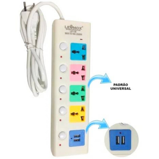 Extensão Elétrica Régua Universal 4 Entradas 2 USB Max 10-16A 2500W LEHMOX - LEY-36