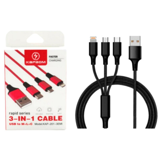 Cabo Carregador 3 em 1 Usb V8 / Tipo C / IOS Lightning em Nylon - KAP-201-3EM1