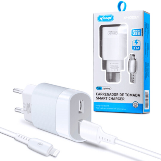 Carregador de Celular 5.1A com Selo Anatel 2 Portas Usb e Cabo Lightning KNUP - KP-IC022/I